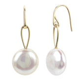 14K Yellow Gold Coin Pearl Dangle Hook Earrings